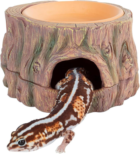 ReptiZoo 3-in-1 Humidifying Tree Stump Hideout with Ceramic Water Bowl